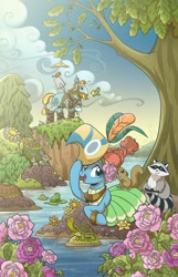 Size: 807x1257 | Tagged: safe, artist:brendahickey, idw, official comic, character:meadowbrook, character:rockhoof, species:bird, species:earth pony, species:pony, species:rabbit, legends of magic, animal, cover, dialogue, female, flower, frog, healer's mask, male, mare, mask, meadowcute, pond, raccoon, rockhoof's shovel, rose, speech bubble, squirrel, stallion, tree, turtle