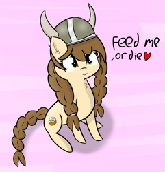 Size: 3685x3819 | Tagged: safe, artist:artiks, oc, oc only, oc:tvælåt, species:earth pony, species:pony, braided tail, c:, dialogue, female, floating heart, heart, helmet, horned helmet, mare, pink background, simple background, smiling, solo, talking to viewer, viking, viking helmet