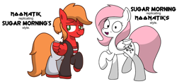 Size: 1920x911 | Tagged: safe, artist:moonatik, artist:sugar morning, oc, oc only, oc:moonatik, oc:sugar morning, species:pegasus, species:pony, art trade, clothing, comparison, hoodie, lidded eyes, looking at you, raised hoof, simple background, smiling, smug, text