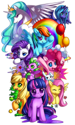 Size: 600x1000 | Tagged: safe, artist:jiayi, character:angel bunny, character:applejack, character:fluttershy, character:pinkie pie, character:princess celestia, character:princess luna, character:rainbow dash, character:rarity, character:spike, character:twilight sparkle, character:twilight sparkle (unicorn), species:alicorn, species:dragon, species:earth pony, species:pegasus, species:pony, species:rabbit, species:unicorn, balloon, clothing, cowboy hat, female, flower, hat, mane seven, mane six, mare, simple background, transparent background
