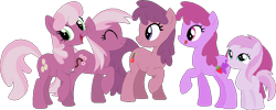 Size: 989x397 | Tagged: safe, artist:starryoak, idw, character:berry punch, character:berryshine, character:cheerilee, character:piña colada, species:earth pony, species:pony, background pony, cherry blossom (idw), cherry punch, family, female, filly, headcanon, mare, pink, piña cutelada, raised hoof, simple background, sisters, transparent background