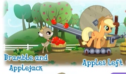 Size: 351x208 | Tagged: safe, gameloft, idw, character:applejack, character:bramble, apple, duo, food, idw showified, machine
