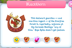 Size: 720x490 | Tagged: safe, gameloft, idw, screencap, character:blackthorn, species:deer, gem, idw showified, implied rarity, implied spike, lucky coin, solo, text