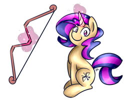 Size: 1280x1024 | Tagged: safe, artist:sugar morning, oc, oc only, oc:radiance, species:pony, species:unicorn, archery, bow (weapon), commission, cute, female, glowing horn, looking at you, magic, magic aura, mare, simple background, sitting, smiling, solo, sweet, telekinesis, transparent background