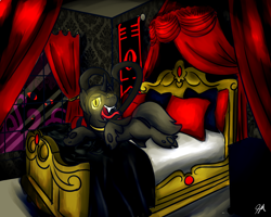Size: 1280x1024 | Tagged: safe, artist:sugar morning, oc, oc:flavis, species:changeling, bed, bedroom, bedroom eyes, commission, creepy, curtains, dark, glowing eyes, lying down, mansion, open mouth, pillow, snake tongue, tendrils, tentacles, tongue out, window, yellow changeling, yellow eyes