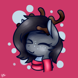Size: 1024x1024 | Tagged: safe, artist:sugar morning, oc, oc only, oc:gene, species:deer, antlers, bust, calm, clothing, commission, content, deer oc, deerpony, doe, eyes closed, freckles, happy, original species, scarf, simple background, smiling, solo
