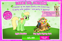Size: 1084x720 | Tagged: safe, gameloft, idw, official, character:apple munchies, character:bramble, species:deer, species:earth pony, species:pony, advertisement, apple, apple family member, background pony, costs real money, female, food, idw showified, mare, solo, zap apple
