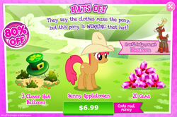 Size: 1084x720 | Tagged: safe, gameloft, idw, official, character:blackthorn, species:deer, species:earth pony, species:pony, advertisement, apple cherry, apple family member, clothing, costs real money, cowboy hat, gem, hat, idw showified, sunny appleblossom