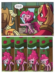 Size: 3106x4096 | Tagged: safe, artist:agnesgarbowska, idw, character:applejack, character:big mcintosh, character:pinkie pie, apple, apple tree, applebucking, comic, exhausted, food, panting, sweat, sweating profusely, tree