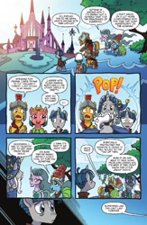 Size: 795x1222 | Tagged: safe, artist:tonyfleecs, idw, official comic, character:flash magnus, character:meadowbrook, character:mistmane, character:rockhoof, character:somnambula, character:star swirl the bearded, character:stygian, species:earth pony, species:pegasus, species:pony, species:unicorn, g4, legends of magic, castle, castle of the royal pony sisters, curved horn, dialogue, female, male, mare, pillars of equestria, preview, speech bubble, stallion, teleportation