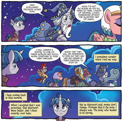Size: 1017x999 | Tagged: safe, artist:tonyfleecs, idw, official comic, character:flash magnus, character:meadowbrook, character:mistmane, character:rockhoof, character:somnambula, character:star swirl the bearded, character:stygian, species:earth pony, species:pegasus, species:pony, species:unicorn, g4, legends of magic, curved horn, pillars of equestria