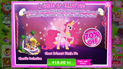 Size: 1334x750 | Tagged: safe, gameloft, idw, character:pinkie pie, species:alicorn, species:pony, alicornified, costs real money, greed, greedloft, pinkiecorn, princess of chaos, princess pinkie pie, race swap, solo, sweden, xk-class end-of-the-world scenario