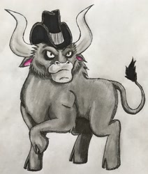 Size: 2462x2900 | Tagged: safe, artist:bozzerkazooers, idw, bull, clothing, cloven hooves, cowboy hat, hat, king longhorn, male, raised hoof, solo, traditional art
