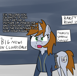 Size: 2129x2122 | Tagged: safe, artist:artiks, oc, oc only, oc:littlepip, species:pony, species:unicorn, fallout equestria, alternate timeline, alternate universe, cigarette, clothing, dialogue, fanfic, fanfic art, female, horn, mare, newspaper, smoking, solo, vault suit