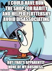 Size: 309x425 | Tagged: safe, idw, character:coco pommel, species:earth pony, species:pony, episode:fake it 'til you make it, bomb ass tea, caption, drinking, female, image macro, lapping, mare, meme, op is wrong, solo, tongue out