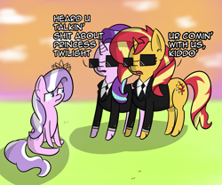 Size: 2653x2204 | Tagged: safe, artist:artiks, character:diamond tiara, character:starlight glimmer, character:sunset shimmer, species:earth pony, species:pony, species:unicorn, clothing, dialogue, female, mare in black, secret agent, smoking, suit, sunglasses