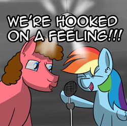 Size: 1814x1797 | Tagged: safe, artist:artiks, character:rainbow dash, oc, oc:david hasselhoof, b.j. thomas, blue swede, disco ball, duo, hooked on a feeling, lyrics, microphone, singing, song reference, text