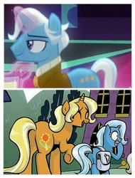 Size: 3106x4096 | Tagged: safe, idw, screencap, character:jack pot, character:sunflower spectacle, character:trixie, species:pony, species:unicorn, episode:grannies gone wild, g4, my little pony: friendship is magic, cropped, female, filly, glowing horn, jacktacle, magic, male, mare, saddle bag, stallion, telekinesis, trixie's family, trixie's parents