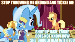 Size: 888x499 | Tagged: safe, edit, edited screencap, idw, screencap, character:applejack, character:jack pot, character:sunflower spectacle, character:trixie, episode:grannies gone wild, episode:magic duel, g4, my little pony: friendship is magic, coincidence, jacktacle, similarities, trixie's family