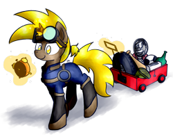 Size: 1280x1024 | Tagged: safe, artist:sugar morning, oc, oc only, oc:golden gear, species:pony, species:unicorn, cart, commission, cute, fallout, female, goggles, junk, magic, magic aura, mare, pulling, simple background, solo, transparent background, walking