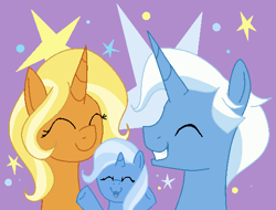 Size: 540x410 | Tagged: safe, artist:anonymous, idw, character:jack pot, character:sunflower spectacle, character:trixie, species:pony, species:unicorn, episode:grannies gone wild, g4, my little pony: friendship is magic, abstract background, cute, daughter, diatrixes, eyes closed, family, father and daughter, father and mother, female, filly, filly trixie, grin, happy, hooves up, jacktacle, like father like daughter, like mother like daughter, male, mother and daughter, mother and father, ms paint, reunited, smiling, trio, trixie's family, trixie's parents, young, younger