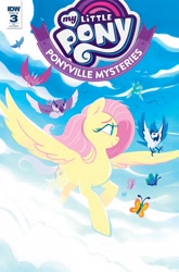 Size: 1054x1600 | Tagged: safe, artist:justasuta, artist:justyna babinska, idw, character:fluttershy, species:bird, species:pegasus, species:pony, blue jay, butterfly, cloud, comic cover, cover, female, flying, hooves, lineless, mare, ponyville mysteries, sky, smiling, spread wings, wings
