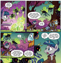 Size: 917x943 | Tagged: safe, artist:brendahickey, idw, official comic, character:rockhoof, character:stygian, species:earth pony, species:pony, species:unicorn, legends of magic, beetle, comic, dialogue, firefly, forest, insect, male, speech bubble, stallion