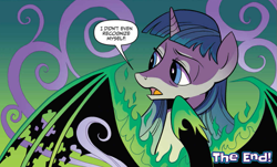 Size: 1043x628 | Tagged: safe, artist:brendahickey, idw, official comic, character:pony of shadows, character:stygian, species:pony, species:unicorn, legends of magic, alternate hairstyle, alternate universe, dialogue, long hair, male, plot twist, ponytail, speech bubble, stallion, the end