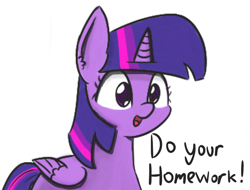 Size: 734x557 | Tagged: safe, anonymous artist, artist:artiks, character:twilight sparkle, character:twilight sparkle (alicorn), species:alicorn, species:pony, bookhorse, collaboration, cute, dialogue, female, good advice, homework, pure unfiltered evil, simple background, solo, that pony sure does love books, white background