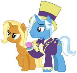 Size: 3803x3595 | Tagged: safe, artist:sketchmcreations, idw, character:jack pot, character:sunflower spectacle, species:pony, species:unicorn, episode:grannies gone wild, g4, my little pony: friendship is magic, bow tie, clothing, crossed legs, cup, duo, father, father and mother, female, hat, jacktacle, male, mare, mother, mother and father, raised hoof, scrunchy face, simple background, smiling, stallion, suit, teacup, top hat, transparent background, trixie's parents, vector