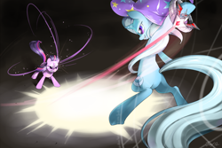 Size: 2000x1333 | Tagged: safe, artist:jiayi, character:trixie, character:twilight sparkle, alicorn amulet, fight, magic