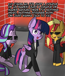 Size: 1953x2263 | Tagged: safe, artist:artiks, character:starlight glimmer, character:sunset shimmer, character:twilight sparkle, character:twilight sparkle (alicorn), species:alicorn, species:pony, species:unicorn, brick wall, clothing, dialogue, female, gang, howling 2, jacket, jontron, leather jacket, magical trio, men in black, sunglasses, trio, trio female