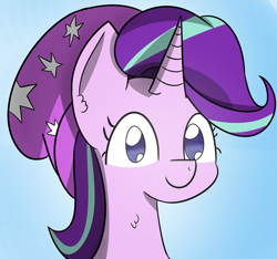 Size: 3371x3152 | Tagged: safe, artist:artiks, character:starlight glimmer, alternate hairstyle, beanie, blue background, bust, clothing, female, hat, looking at you, simple background, solo