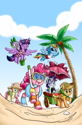 Size: 4063x6165 | Tagged: safe, artist:chibi-jen-hen, idw, character:applejack, character:fluttershy, character:pinkie pie, character:rainbow dash, character:rarity, character:spike, character:twilight sparkle, character:twilight sparkle (alicorn), species:alicorn, species:crab, species:dragon, species:earth pony, species:pegasus, species:pony, species:unicorn, legends of magic, absurd resolution, beach, cart, clothing, diving goggles, female, flippers, flying, glasses, goggles, hat, inflatable, inflatable toy, inner tube, male, mane seven, mane six, mare, palm tree, snorkel, swimming goggles, swimsuit, tree, water wings