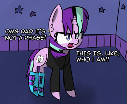 Size: 1935x1585 | Tagged: safe, artist:artiks, character:starlight glimmer, species:pony, species:unicorn, episode:the parent map, g4, boots, dialogue, edgelight glimmer, emo, female, goth, it's a phase, it's not a phase, piercing, shoes, solo, teenage glimmer, that was fast, younger