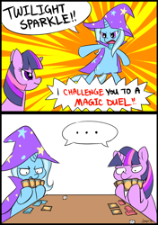 Size: 600x850 | Tagged: safe, artist:jiayi, character:trixie, character:twilight sparkle, episode:magic duel, g4, my little pony: friendship is magic, ..., card, comic, dice, magic the gathering, pun