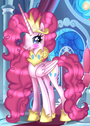 Size: 1500x2084 | Tagged: safe, artist:doraeartdreams-aspy, idw, character:pinkie pie, species:alicorn, species:pony, alicornified, castle, collar, jewelry, necklace, pinkiecorn, princess of chaos, race swap, regalia, smiling, throne room, xk-class end-of-the-world scenario