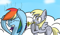 Size: 3707x2162 | Tagged: safe, artist:artiks, character:derpy hooves, character:rainbow dash, species:pegasus, species:pony, cloud, duo, duo female, female, high res, musical instrument, ponified meme, trumpet, trumpet boy