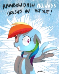 Size: 1889x2362 | Tagged: safe, artist:affanita, character:rainbow dash, species:pegasus, species:pony, abstract background, contemplating insanity, derp, female, floppy ears, grin, insanity, mare, rainbow dash always dresses in style, smiling, solo, spread wings, wings