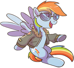 Size: 575x525 | Tagged: safe, artist:tonyfleecs, idw, character:rainbow dash, background removed, bomber jacket, clothing, cropped, cute, flying, jacket, open mouth, simple background, solo, spread wings, sunglasses, transparent background, wings