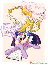 Size: 600x800 | Tagged: safe, artist:phoenixperegrine, idw, character:golden feather, character:princess celestia, character:twilight sparkle, character:twilight sparkle (alicorn), species:alicorn, species:pegasus, species:pony, book, braid, disguise, female, glomp, hug, implied lesbian, implied shipping, implied twilestia, mare, patreon, patreon logo
