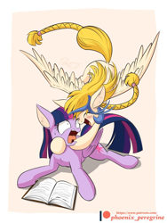 Size: 600x800 | Tagged: safe, alternate version, artist:phoenixperegrine, idw, character:golden feather, character:princess celestia, character:twilight sparkle, character:twilight sparkle (alicorn), species:alicorn, species:pegasus, species:pony, blushing, book, braid, disguise, female, hug, mare, patreon, patreon logo