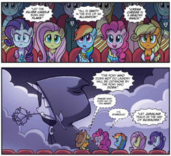 Size: 1029x938 | Tagged: safe, artist:tonyfleecs, idw, official comic, character:applejack, character:fluttershy, character:pinkie pie, character:rainbow dash, character:rarity, species:pony, clothing, comic, cropped, dialogue, dress, female, flower, flower in mouth, gala dress, mare, meme origin, mouth hold, movie, speech bubble, whispering