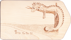 Size: 2800x1601 | Tagged: safe, artist:malte279, oc, oc:empyrea, species:dragon, species:duck, craft, dragoness, duckling, female, pen and paper rpg, pyrography, traditional art