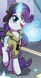 Size: 447x836 | Tagged: safe, artist:tonyfleecs, idw, official comic, character:rarity, species:pony, species:unicorn, beret, clapperboard, clothing, cropped, director, director rarity, female, glowing horn, hat, magic, magic aura, mare, solo, telekinesis