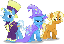 Size: 5998x4123 | Tagged: safe, artist:vector-brony, idw, character:jack pot, character:sunflower spectacle, character:trixie, species:pony, species:unicorn, episode:grannies gone wild, g4, my little pony: friendship is magic, absurd resolution, clothing, family, female, idw showified, jacktacle, looking at you, male, mare, raised hoof, simple background, smiling, smirk, stallion, transparent background, trio, trixie's parents, vector