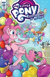 Size: 1054x1600 | Tagged: safe, artist:pencils, idw, official comic, character:gummy, character:octavia melody, character:pinkie pie, character:rainbow dash, species:earth pony, species:pegasus, species:pony, alligator, angry, balloon, balloon popping, cake, candy, cane, clothing, cover, cup, female, flying, food, french horn, hat, male, mare, monocle, music notes, musical instrument, party hat, popping, suit, teacup, top hat