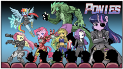 Size: 1829x1033 | Tagged: safe, artist:alphamonouryuuken, artist:shepherd0821, artist:tonyfleecs, edit, idw, character:applejack, character:fluttershy, character:pinkie pie, character:rainbow dash, character:rarity, character:spike, character:twilight sparkle, species:anthro, species:unguligrade anthro, ambiguous facial structure, armor, avengers, belly button, black widow (marvel), breasts, busty applejack, captain america, catsuit, exploitable meme, female, gradient background, iron man, line-up, mane seven, mane six, marvel, meme, midriff, mystery pony theater meme, mystery science theater 3000, nick fury, parody, ponified, reference, s.h.i.e.l.d., shield, silhouette, template, the incredible hulk, thor, war machine