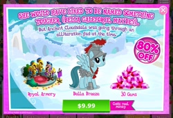 Size: 2048x1397 | Tagged: safe, gameloft, idw, official, character:bella breeze, species:pegasus, species:pony, legends of magic, advertisement, armor, armory, costs real money, crack is cheaper, female, game screencap, gem, helmet, idw showified, mare, solo
