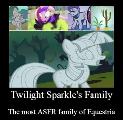 Size: 500x487 | Tagged: safe, edit, edited screencap, idw, screencap, character:night light, character:princess cadance, character:shining armor, character:spike, character:twilight sparkle, character:twilight sparkle (unicorn), character:twilight velvet, species:alicorn, species:dragon, species:pony, species:unicorn, episode:molt down, episode:stare master, episode:the cutie mark chronicles, g4, my little pony: friendship is magic, my little pony: the movie (2017), cactus, demotivational poster, female, inanimate tf, male, mare, meme, petrification, plant tf, potted plant, saguaro cactus, stallion, transformation